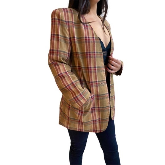Plaid Linen Blazer By Prolog Vintage - Picture 3 of 8